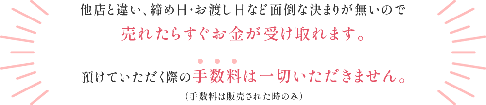 他店と違い、締め日・お渡し日など面倒な決まりが無いので売れたらすぐお金が受け取れます。預けていただく際の手数料は一切いただきません。（手数料は販売された時のみ）